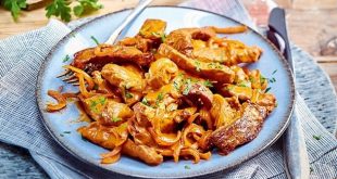 Schnitzelstreifen in cremiger Senfsahnesoße serviert mit Reis