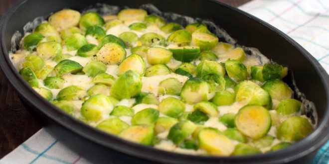 Rosenkohl in cremiger Frischkäse-Senfsauce in Schüssel serviert