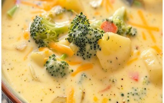 Brokkoli Kartoffel Suppe mit Käse serviert im Suppenteller