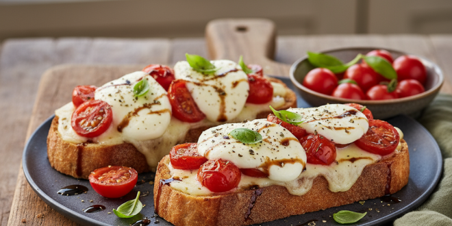 Tomaten Mozzarella Toast mit Basilikum auf Blech