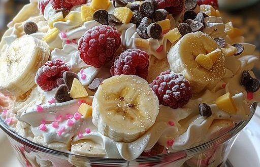 Banana Split Dessert mit Quark, Bananen und Himbeeren serviert