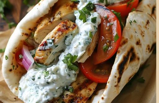 Mediterranes Hähnchen-Gyros mit cremigem Feta-Tzatziki im Pitabrot serviert
