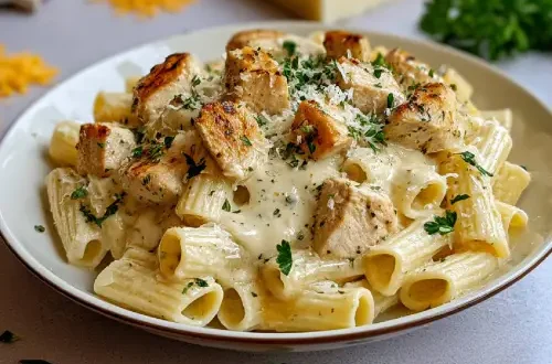 Knoblauchbutter-Hühnchen auf cremiger Parmesan-Pasta mit Petersilie