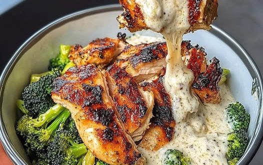 Brokkoli Hähnchen mit cremiger Knoblauchsoße serviert in einer Pfanne