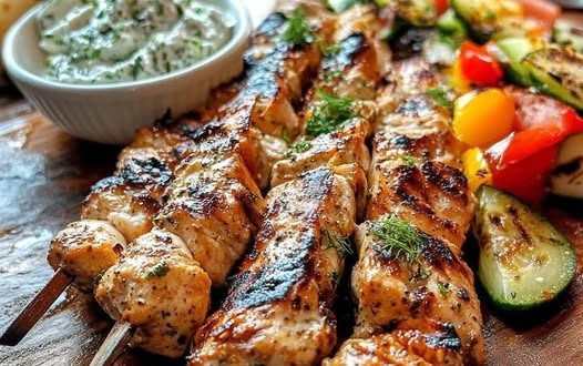 Griechische Hühnchen-Souvlaki-Spieße mit Tzatziki und Fladenbrot auf einem Teller serviert