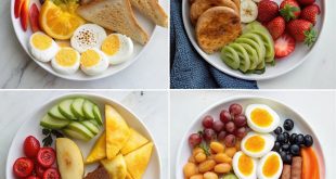 Vier Teller mit bunten Frühstücksideen aus Obst, Brot, Eiern und Gemüse