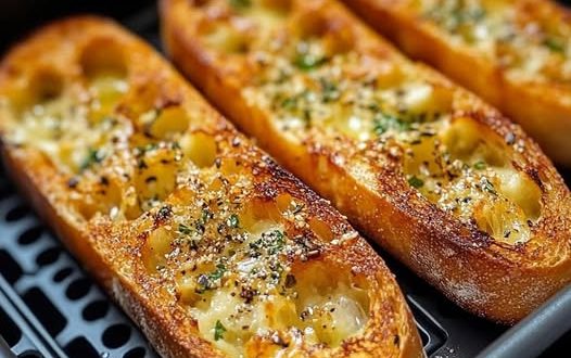 Airfryer Knoblauchbrot goldbraun und knusprig serviert