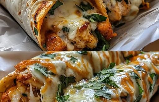 Käse-Knoblauch-Hähnchen-Wraps serviert mit frischem Salat und Paprika