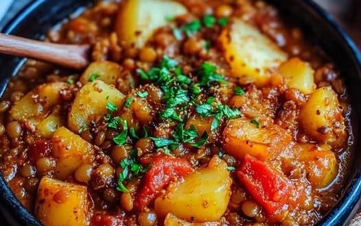 Paprika-Kartoffel-Topf mit Linsen serviert im Teller mit Koriander