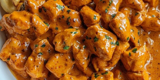 Butter Chicken mit Knoblauchsauce und knusprigen Pommes auf Teller serviert
