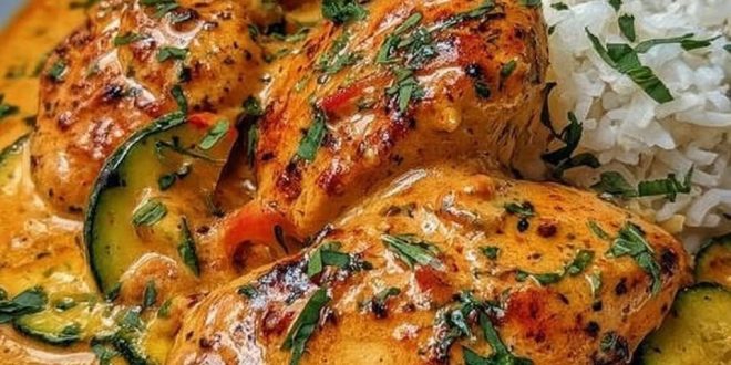 Paprika Zucchini Sahne Hähnchen in cremiger Sauce mit Gemüse in Pfanne