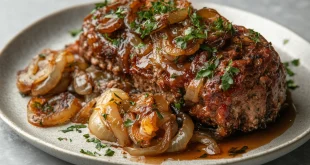 Französischer Zwiebelhackbraten in Scheiben mit Sauce serviert