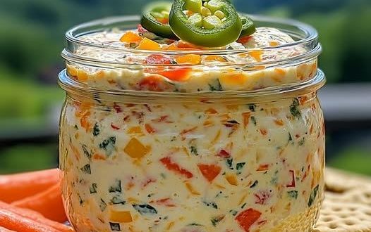 Cremiger Frischkäse-Dip mit Paprika, Jalapeño und frischen Kräutern in Schale serviert