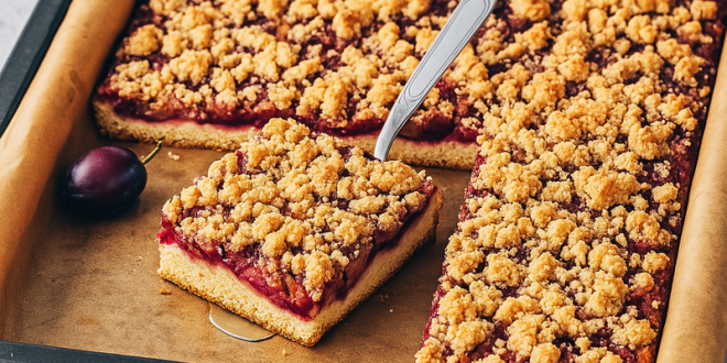 Zwetschgenkuchen vom Blech mit Streuseln und frischen Zwetschgen