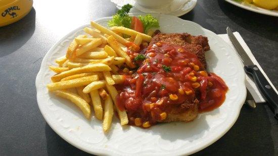 Knuspriges Zigeunerschnitzel mit Paprikasauce, Salat und Pommes
