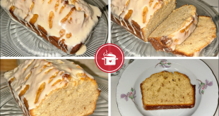 Ein glasiertes Vintage Eggnog Bread in einer Kastenform auf einem rustikalen Holztisch.