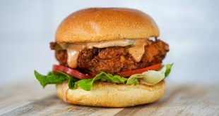 Ein aufgetürmtes Buttermilk Fried Chicken Sandwich in einem Brioche-Bun mit schmelzendem Käse und buntem Coleslaw.